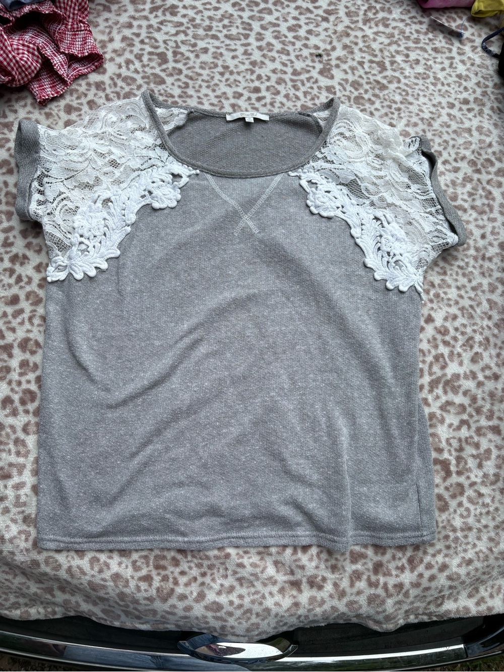Miss Me Size Medium Gray Blouse with White Lace Shoulder Detail